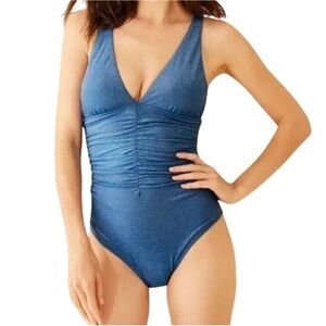New Shade & Shore Women’s Blue Sparkle One Piece Plunge Swimsuit Small NWT